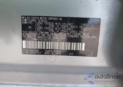 2007 Toyota Rav4 Limited V6 z USA, uszkodzony, nr VIN JTMBK31V676027872